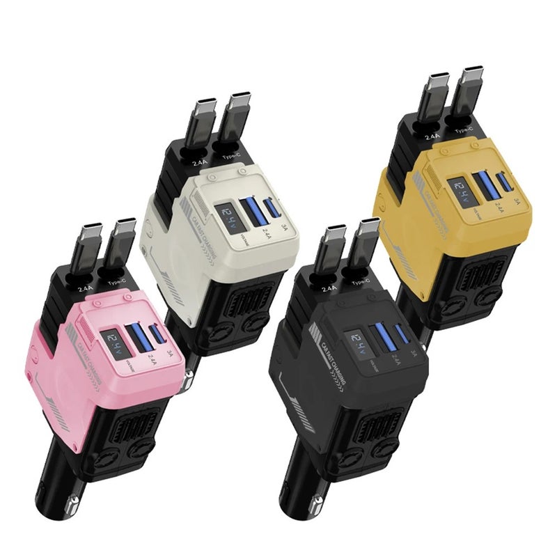 Bluejw Retractable Car Phone Charger 4-in-1: Fast Charging Adapter with 2 Retractable Cables (Type C & USB) & 2 USB Ports - Automobile Chargers for iPhone & Android - Image 3